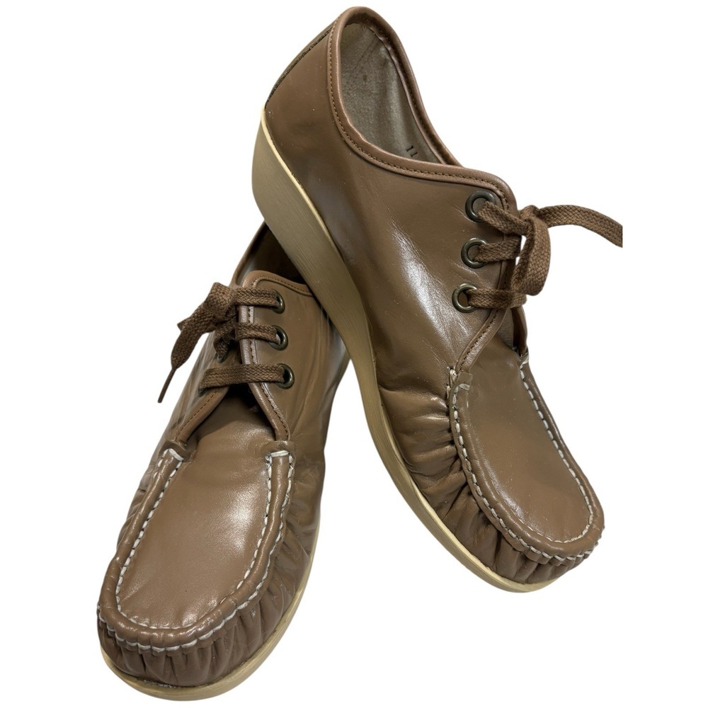 Vintage Foot Steps Tan Leather Walking Shoes Sz 11M Lace-Up Comfort Moc Toe